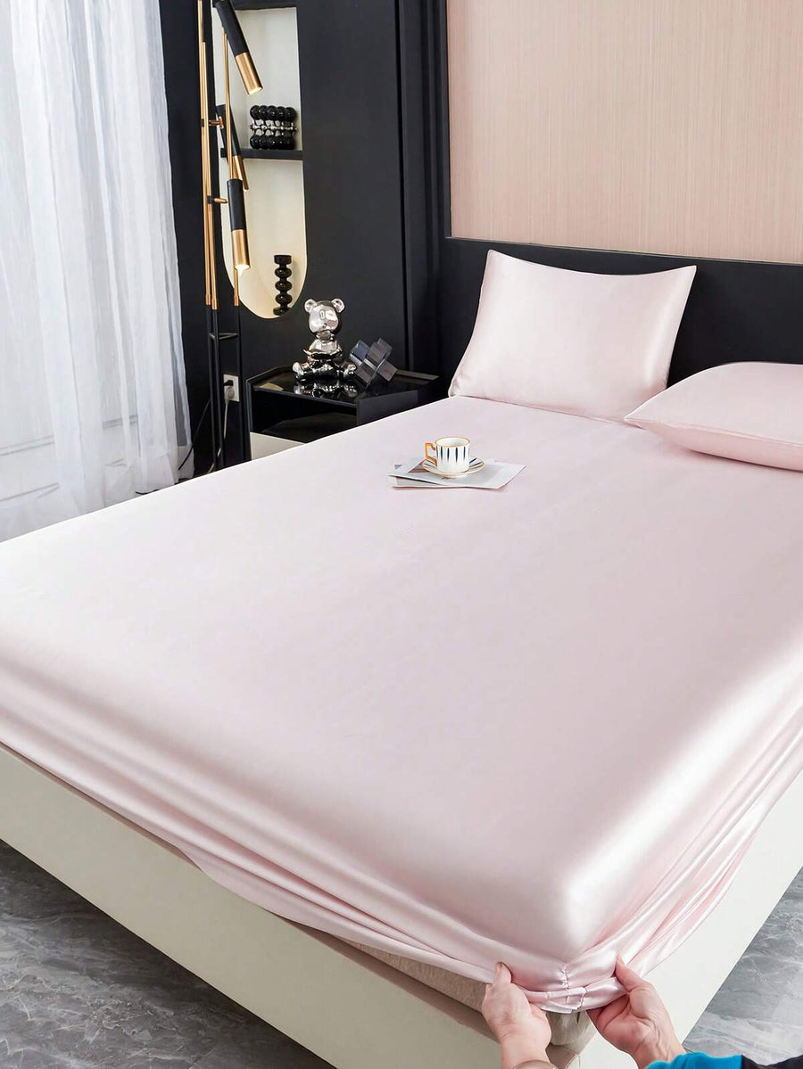 1pc Solid Light Pink Satin Faux Silk Fitted Sheet, Includes 1pc Fitted Sheet, Suitable For Home King, Queen, Full, Twin Size Beds, Deep Pocket Design Up To 11.8 Inches, Breathable And Wrinkle-Resistant, Machine Washable, Dorm Bedding, Back To School