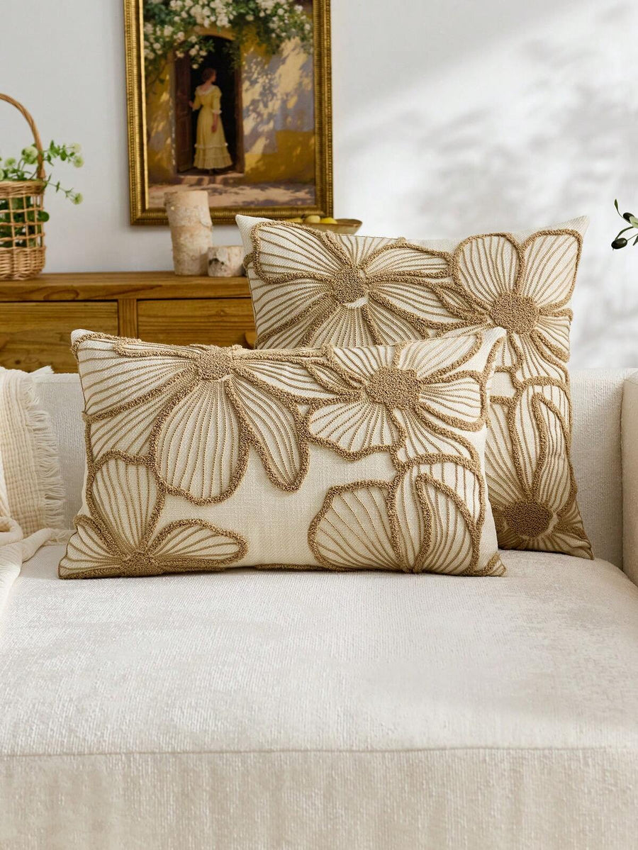 1pc Modern Minimalist Beige Floral Embroidered Throw Pillow Cover, Spring/Summer Floral Cushion Cover, Suitable For Indoor Decor, All Season Pillow Cover, Pillow Insert Not Included